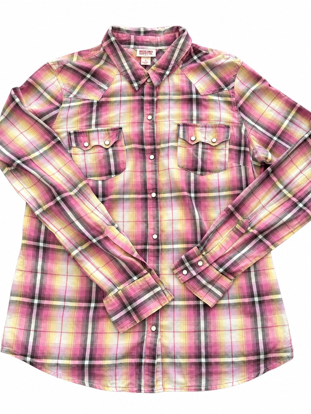 Mossimo Supply Co Pink Plaid Western Pearl Snap Shirt Women’s XL - Picture 3 of 4